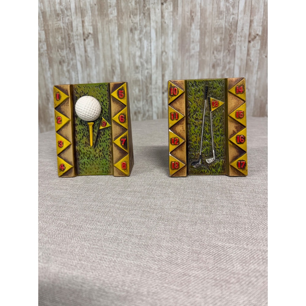 Vintage Lego Japan Golf Bookends Ceramic 18 Holes Ball Clubs Green Gold Set